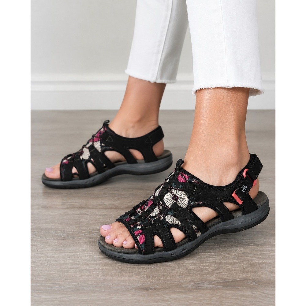 Easy Spirit Women's 9.5W Floral Sport Sandals Black Pink Comfort Walking